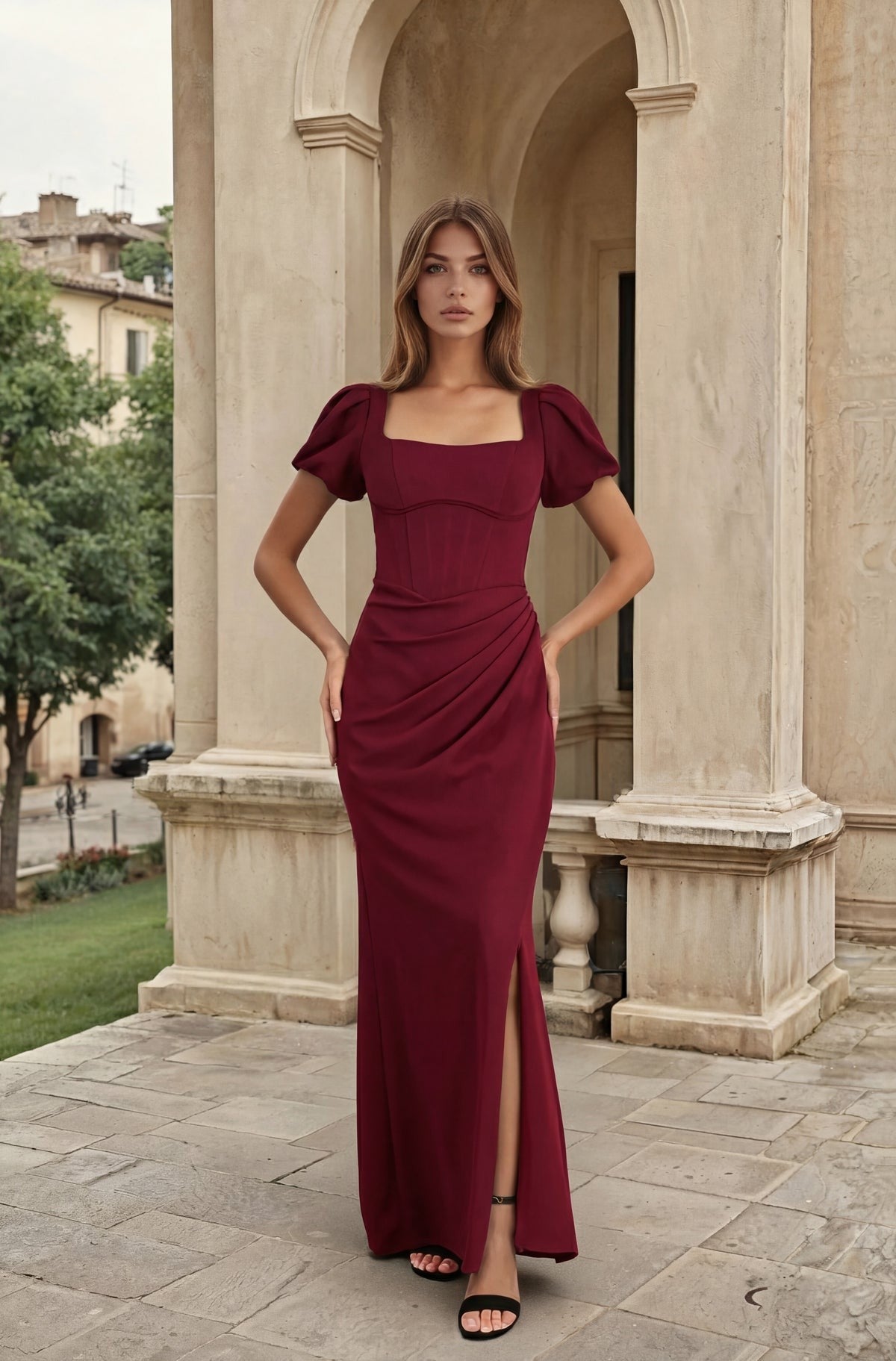 Long Corset Formal Dress Puff Sleeves