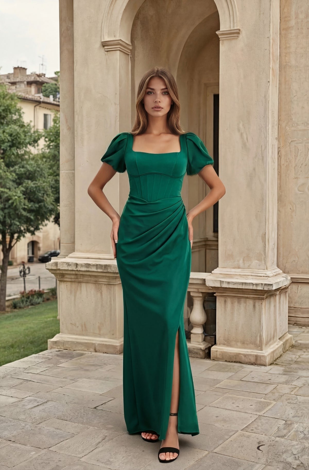 Long Corset Formal Dress Puff Sleeves