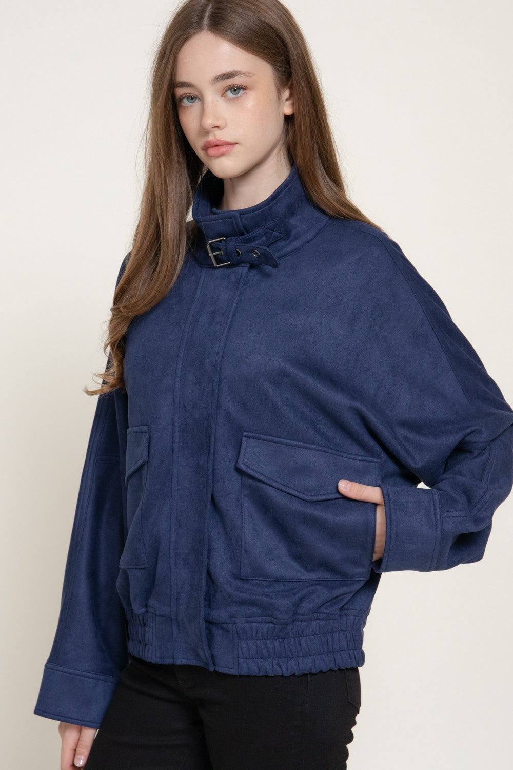 High Neck W/tab Elastic Hem Faux Suede Jacket