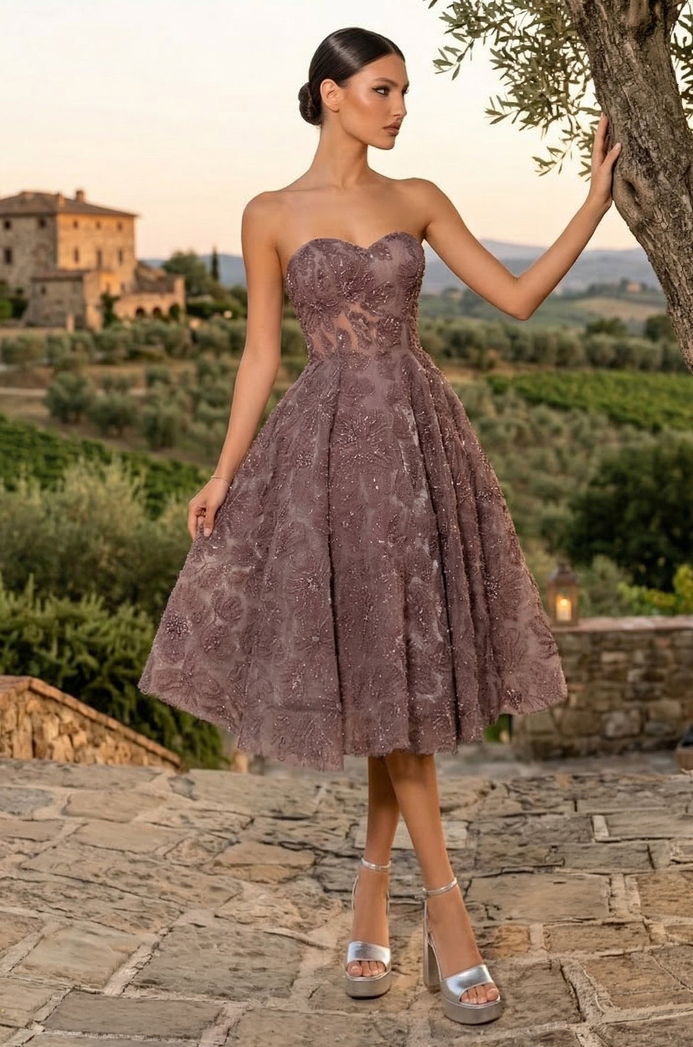 Strapless Formal A Line Floral Lace Midi Cocktail Dress
