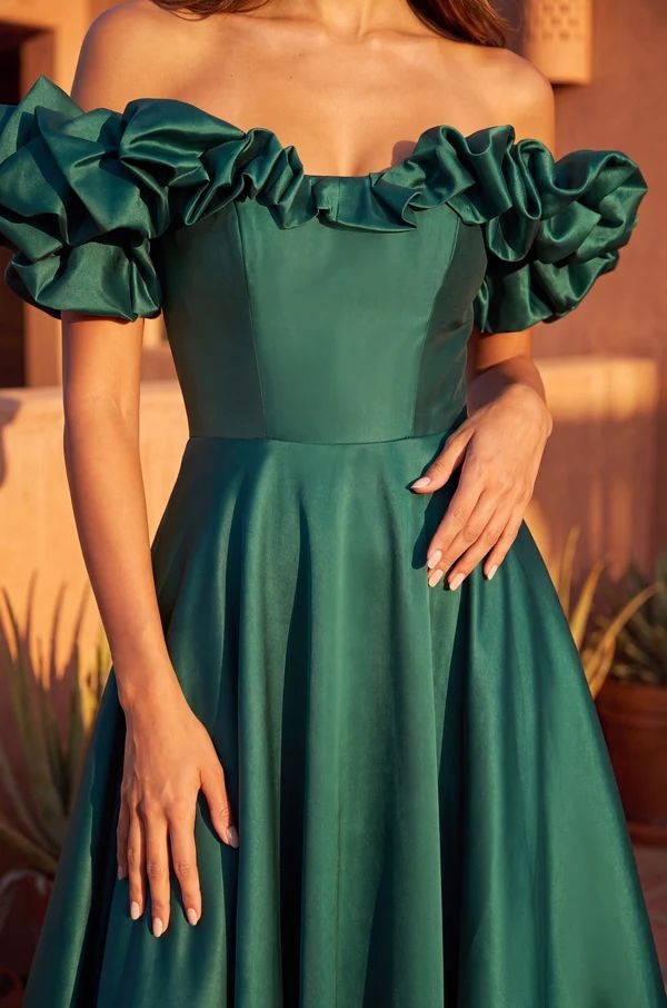 Long Ball Gown Satin Ruffle Off Shoulder Prom Dress