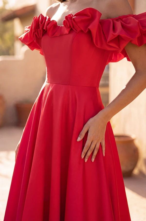 Long Ball Gown Satin Ruffle Off Shoulder Prom Dress