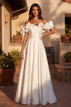 Long Ball Gown Satin Ruffle Off Shoulder Prom Dress