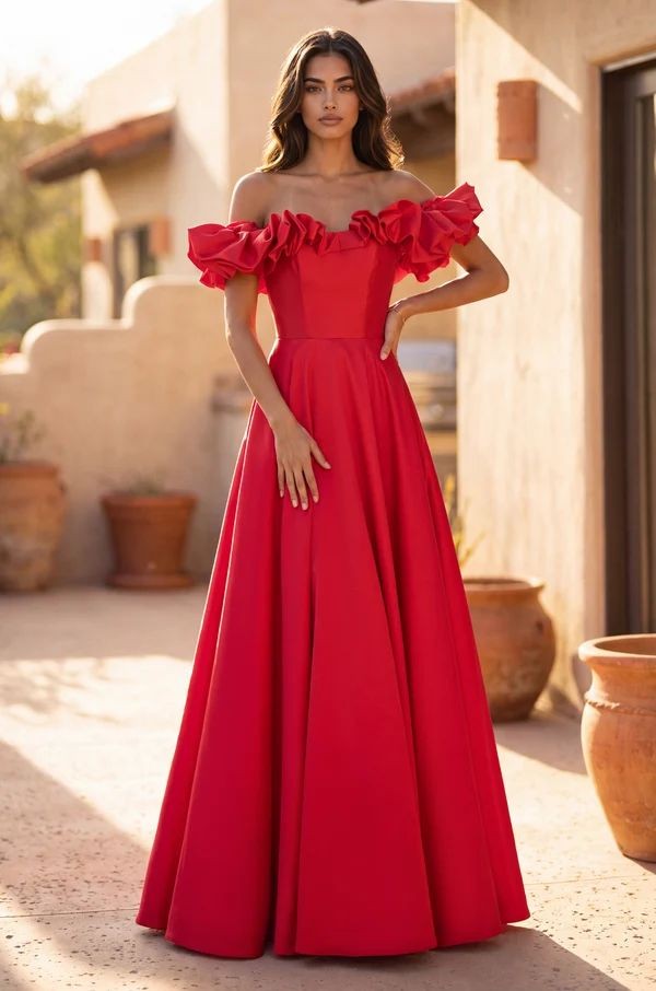 Long Ball Gown Satin Ruffle Off Shoulder Prom Dress