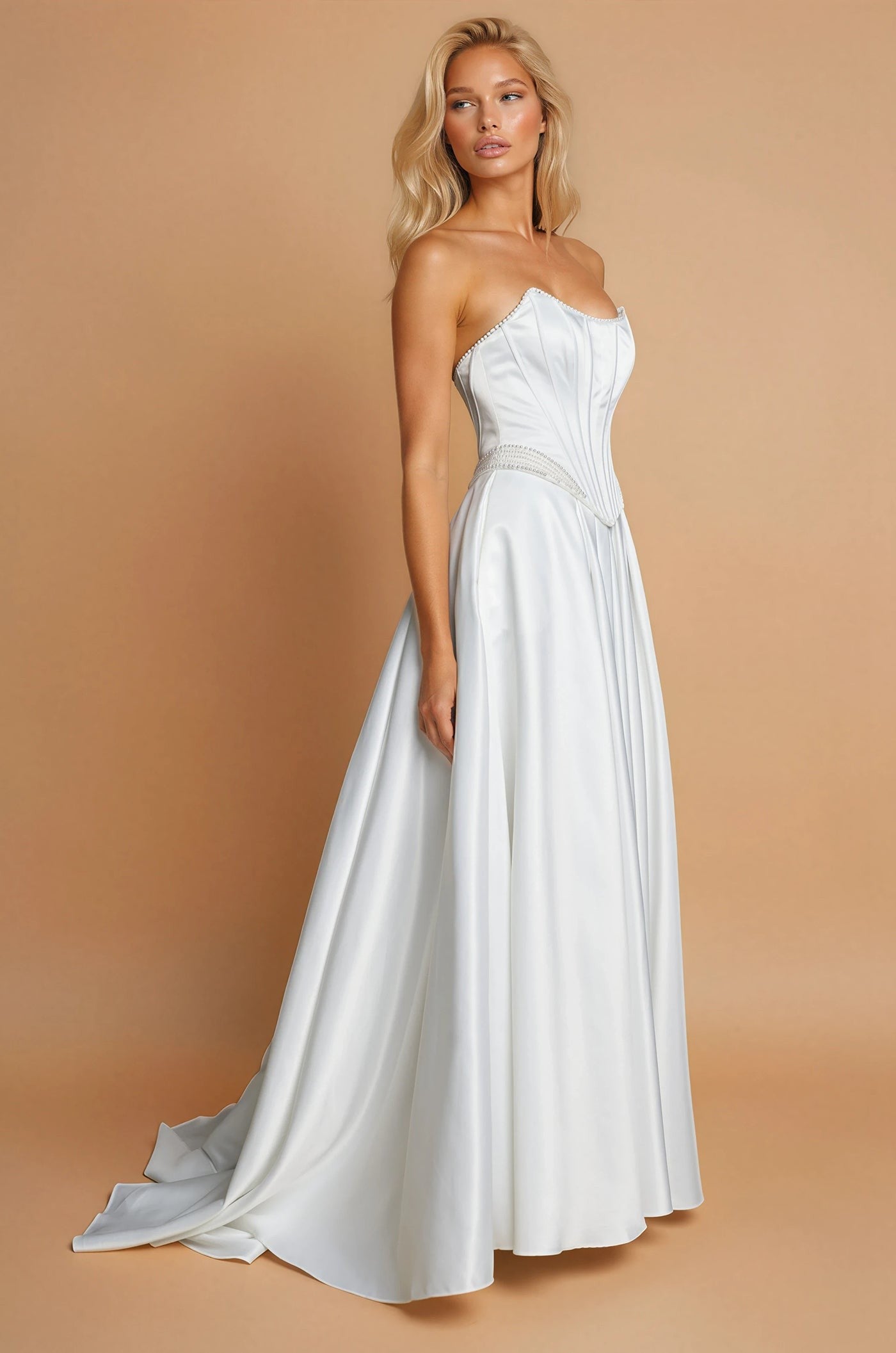 Long Strapless Satin A Line High Slit Pocket Wedding Dress