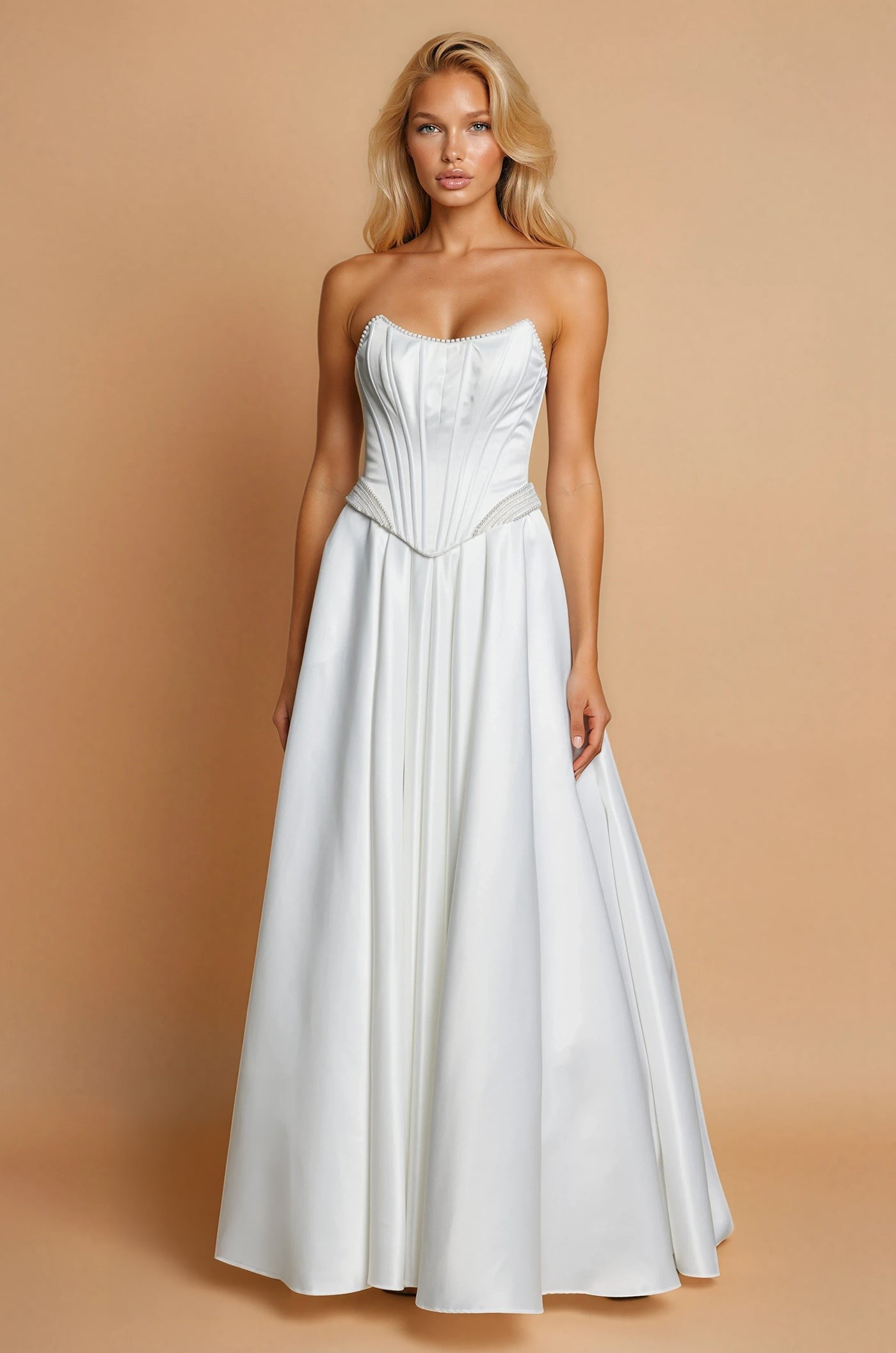 Long Strapless Satin A Line High Slit Pocket Wedding Dress