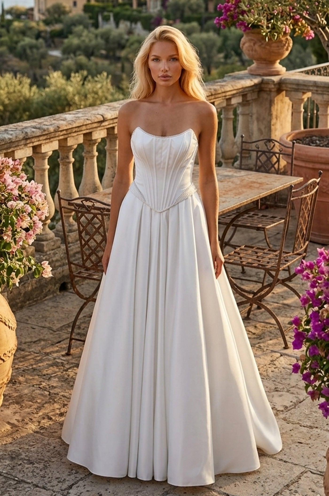 Long Strapless Satin A Line High Slit Pocket Wedding Dress