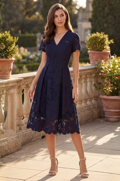 Pleated V Neck A Line Midi Cocktail Dress