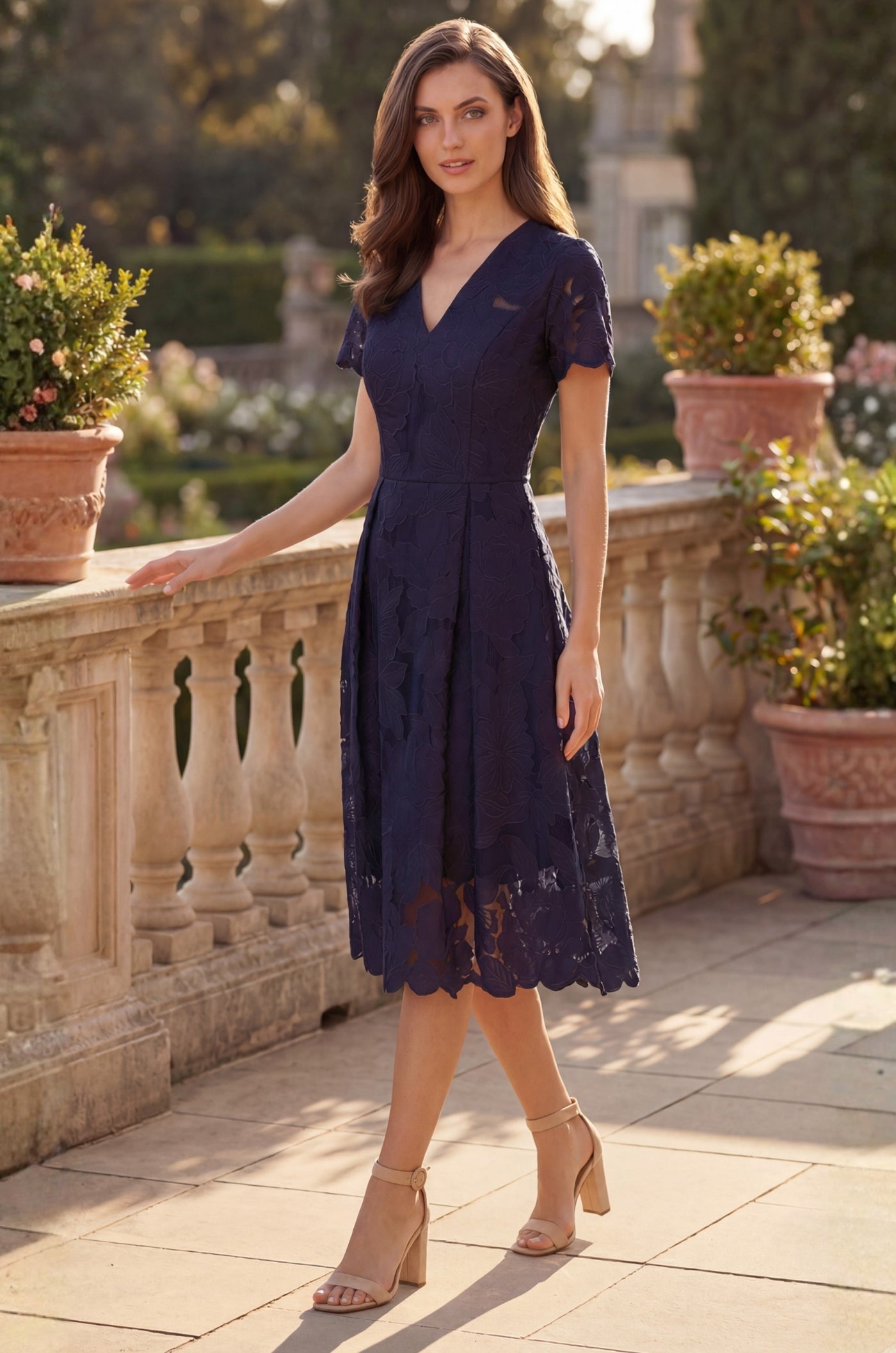 Pleated V Neck A Line Midi Cocktail Dress