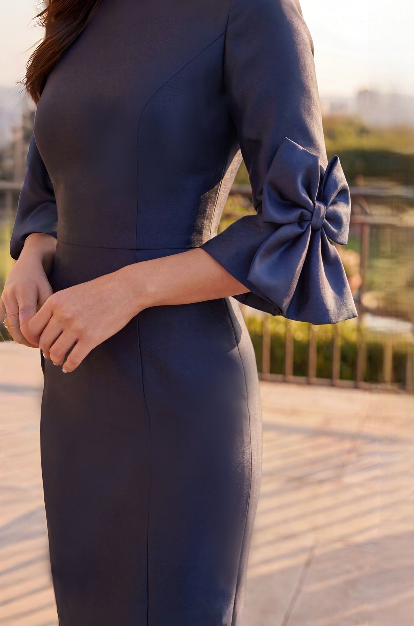 Jewel Neck Formal Midi Length Bow Detail Cocktail Dress