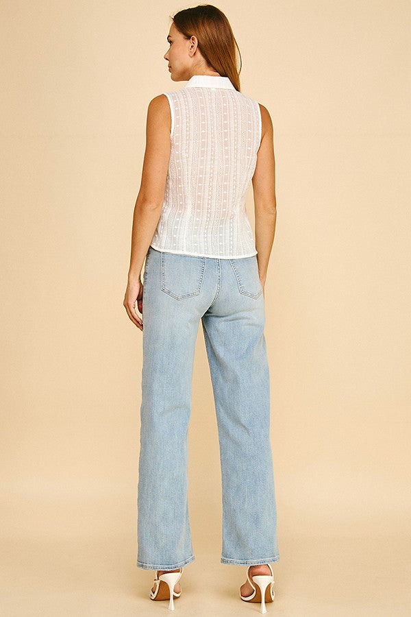 Ivory Embroidered Sheered Cotton Open Collar Vest Top Blouse