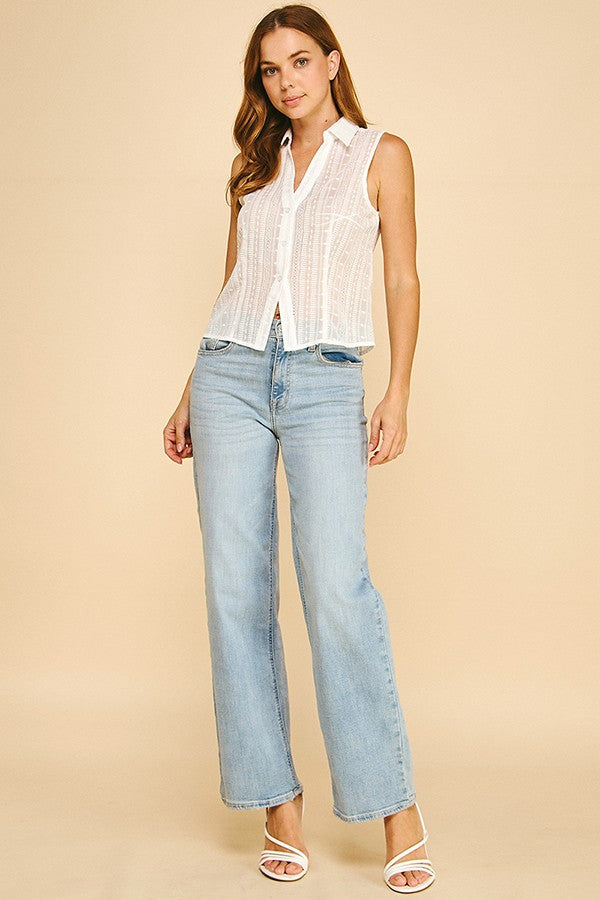 Ivory Embroidered Sheered Cotton Open Collar Vest Top Blouse