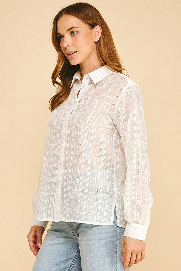 Ivory Embroidered Sheered Cotton Dress Shirt Blouse