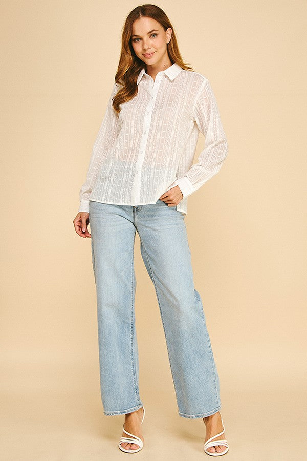 Ivory Embroidered Sheered Cotton Dress Shirt Blouse