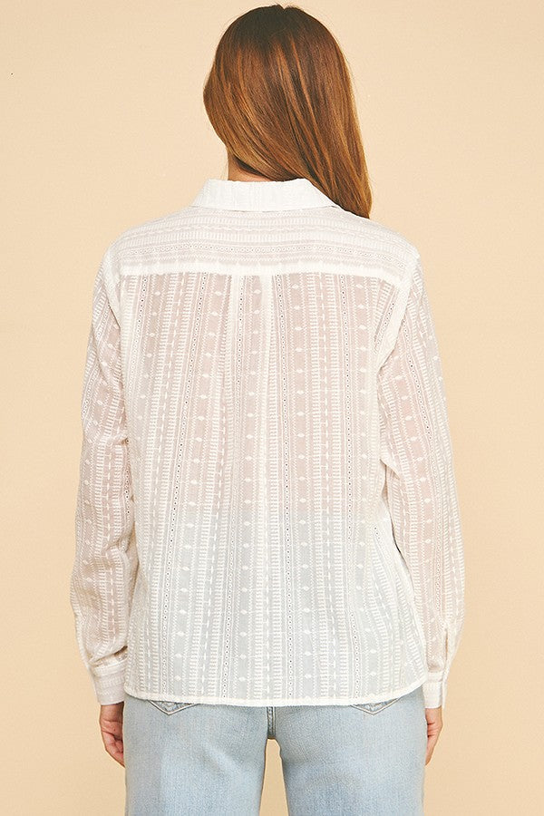 Ivory Embroidered Sheered Cotton Dress Shirt Blouse