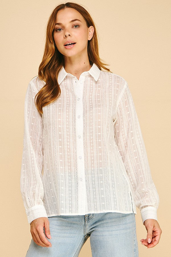 Ivory Embroidered Sheered Cotton Dress Shirt Blouse