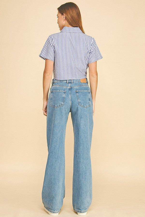 Bengal Striped Front Tie Hem Cropped Short Sleeve Shirt