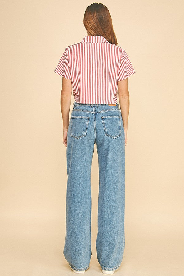 Bengal Striped Front Tie Hem Cropped Short Sleeve Shirt