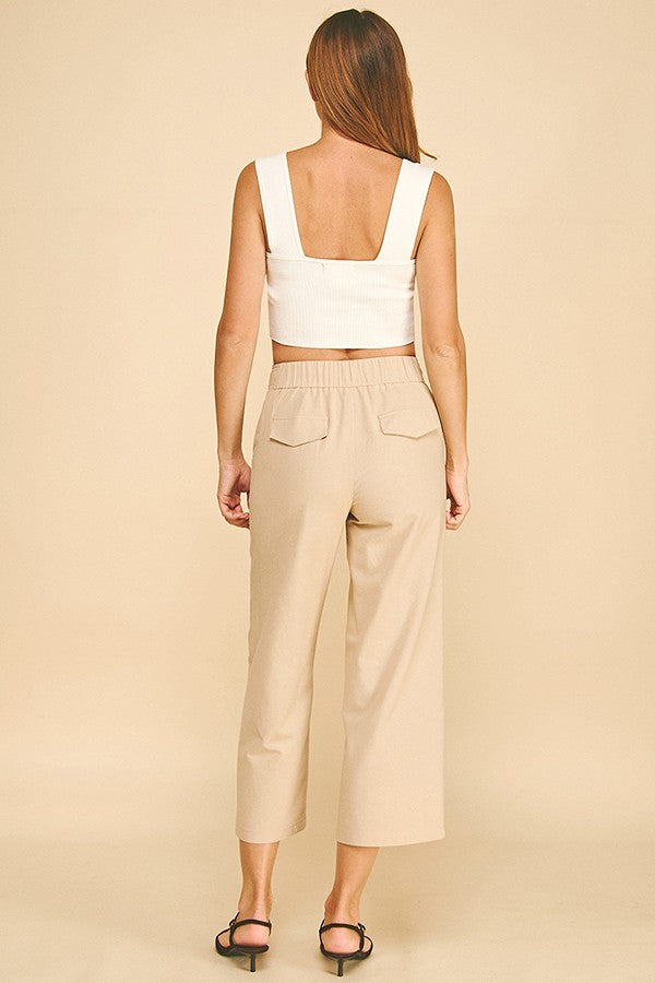 Linen Wide Leg Cropped Stretch Fit Waist Trousers Pants