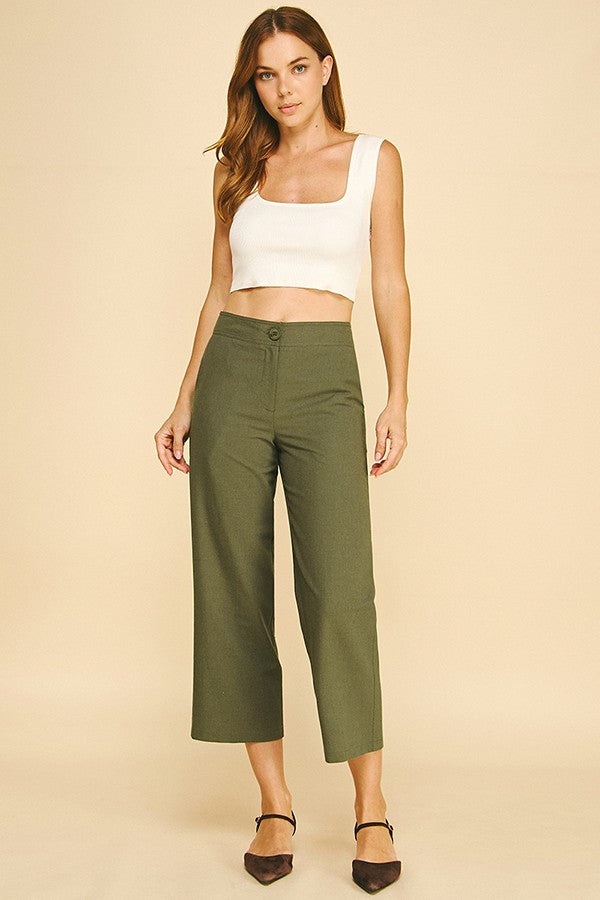 Linen Wide Leg Cropped Stretch Fit Waist Trousers Pants