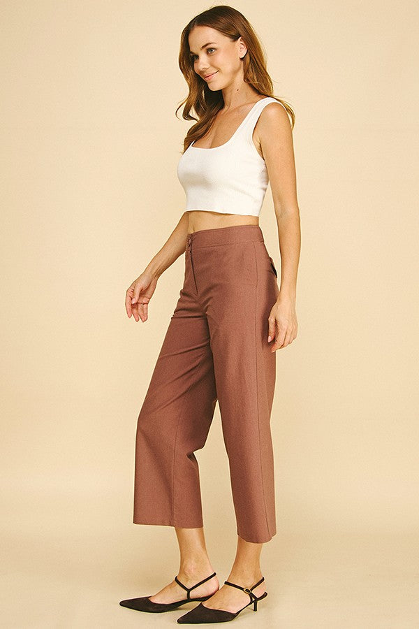 Linen Wide Leg Cropped Stretch Fit Waist Trousers Pants