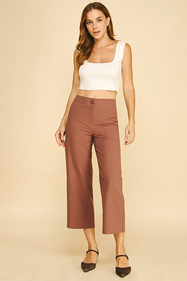 Linen Wide Leg Cropped Stretch Fit Waist Trousers Pants