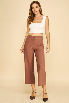 Linen Wide Leg Cropped Stretch Fit Waist Trousers Pants