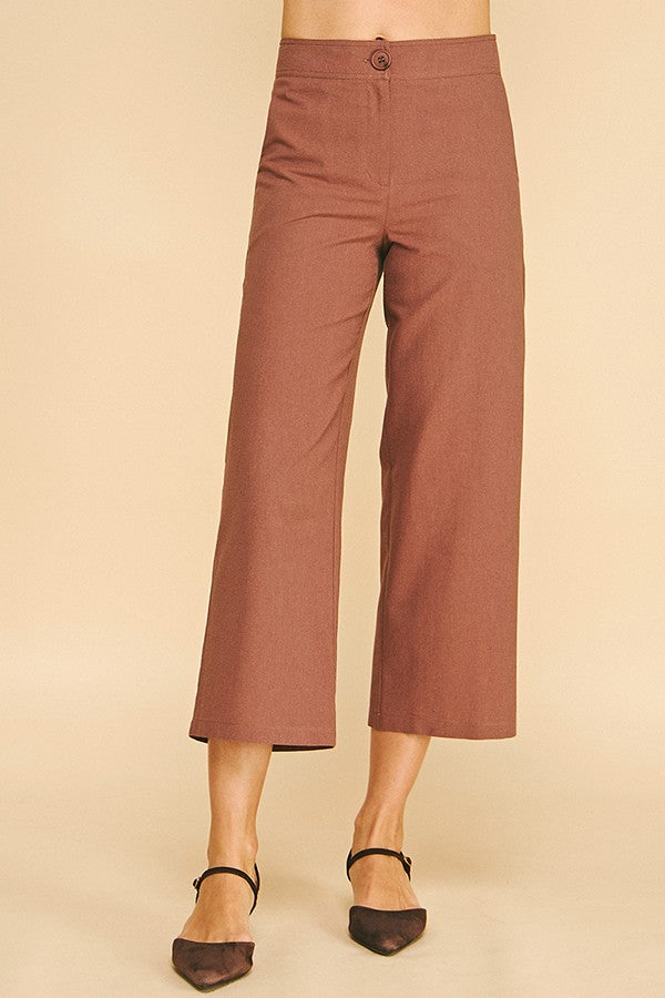 Linen Wide Leg Cropped Stretch Fit Waist Trousers Pants