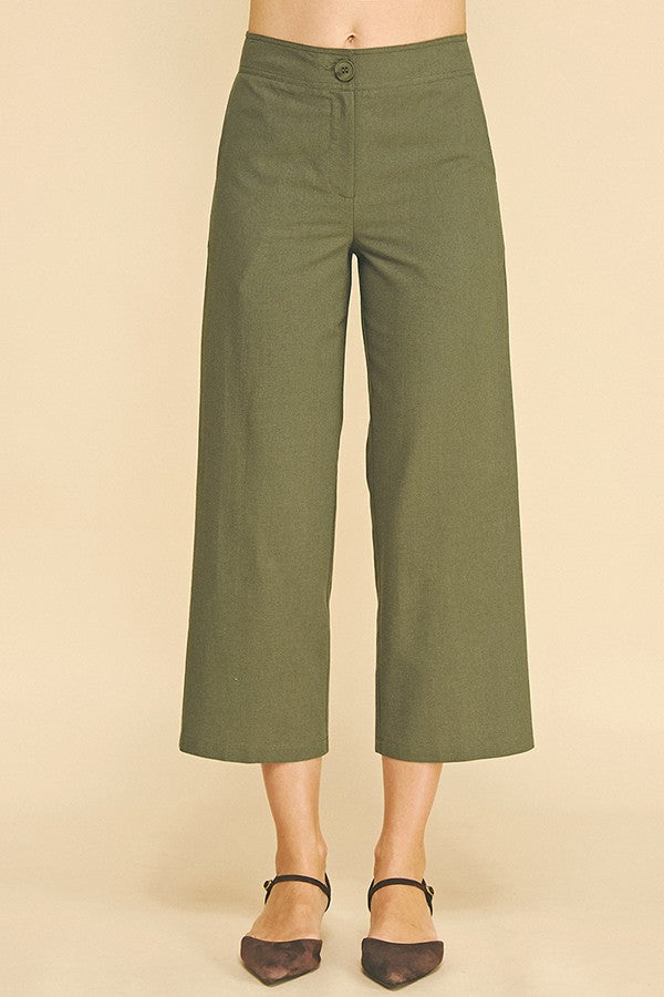 Linen Wide Leg Cropped Stretch Fit Waist Trousers Pants