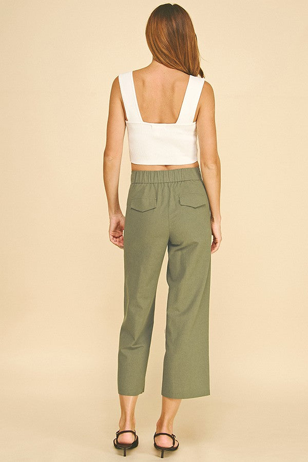 Linen Wide Leg Cropped Stretch Fit Waist Trousers Pants
