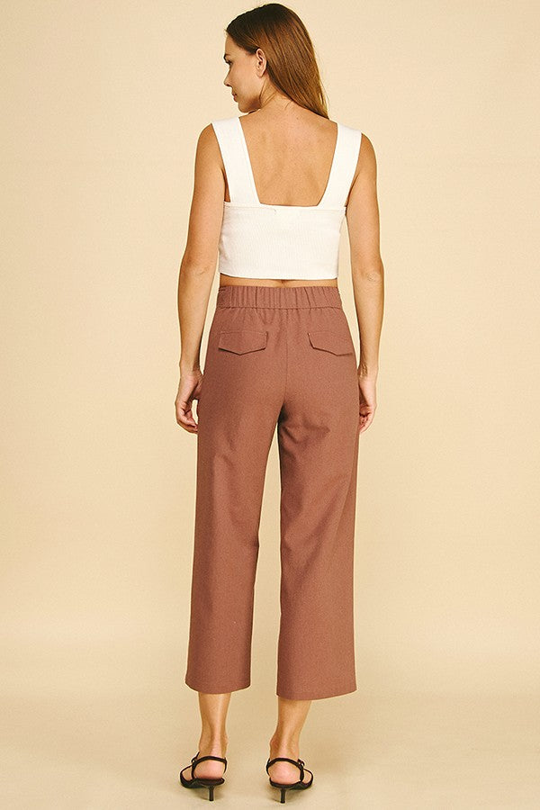 Linen Wide Leg Cropped Stretch Fit Waist Trousers Pants