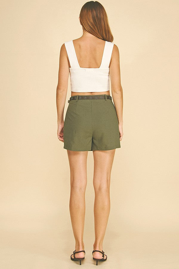 Linen Brown Leather Belted Wrap Skort