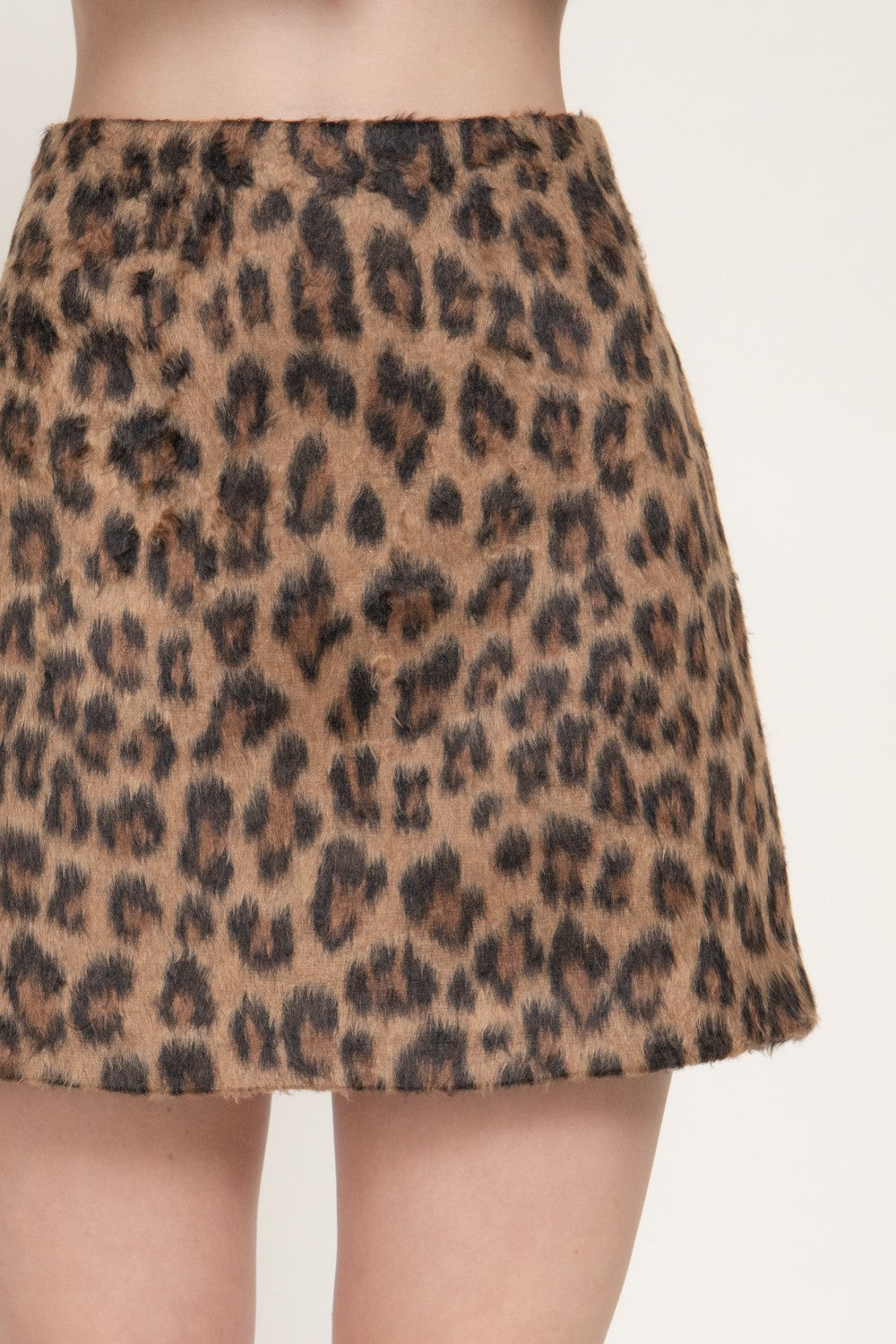 Leopard Print Hairy Wool-like Fabric Mini Skirt
