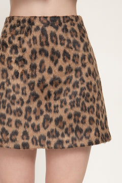 Leopard Print Hairy Wool-like Fabric Mini Skirt