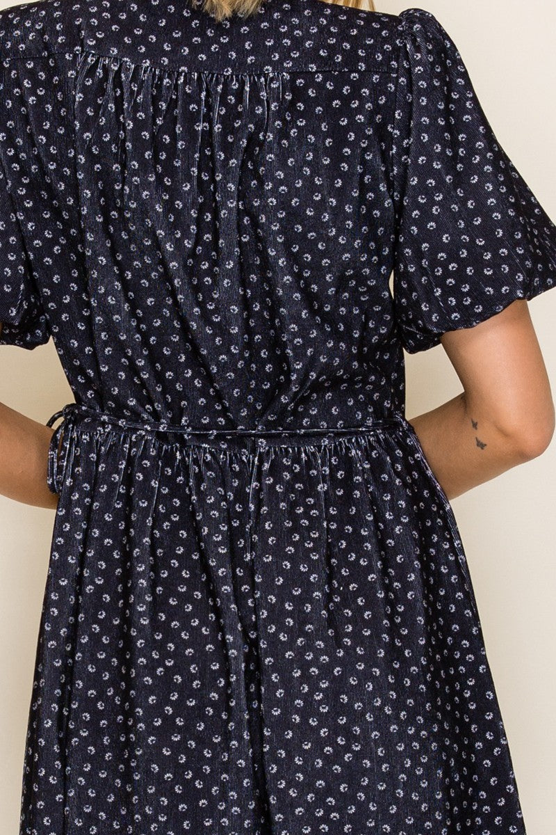 Corduroy Print Wrap A-line Midi Dress