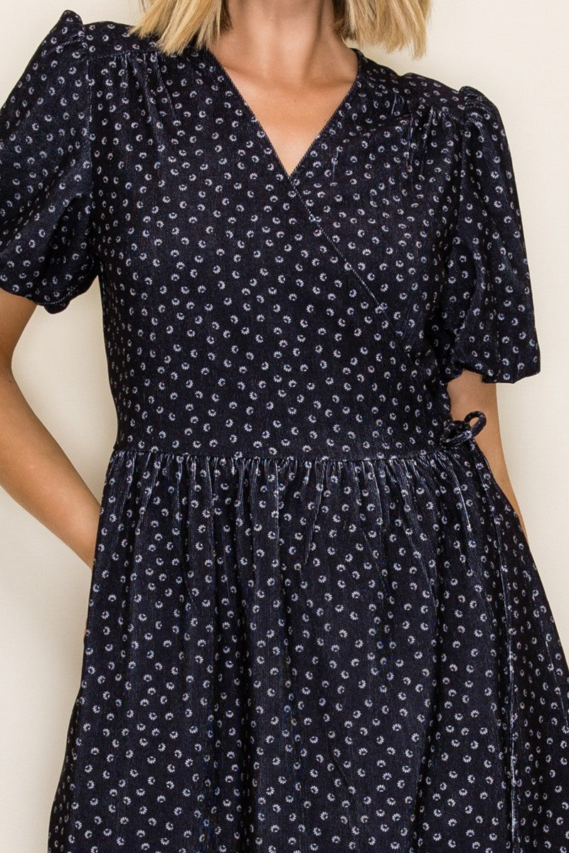 Corduroy Print Wrap A-line Midi Dress