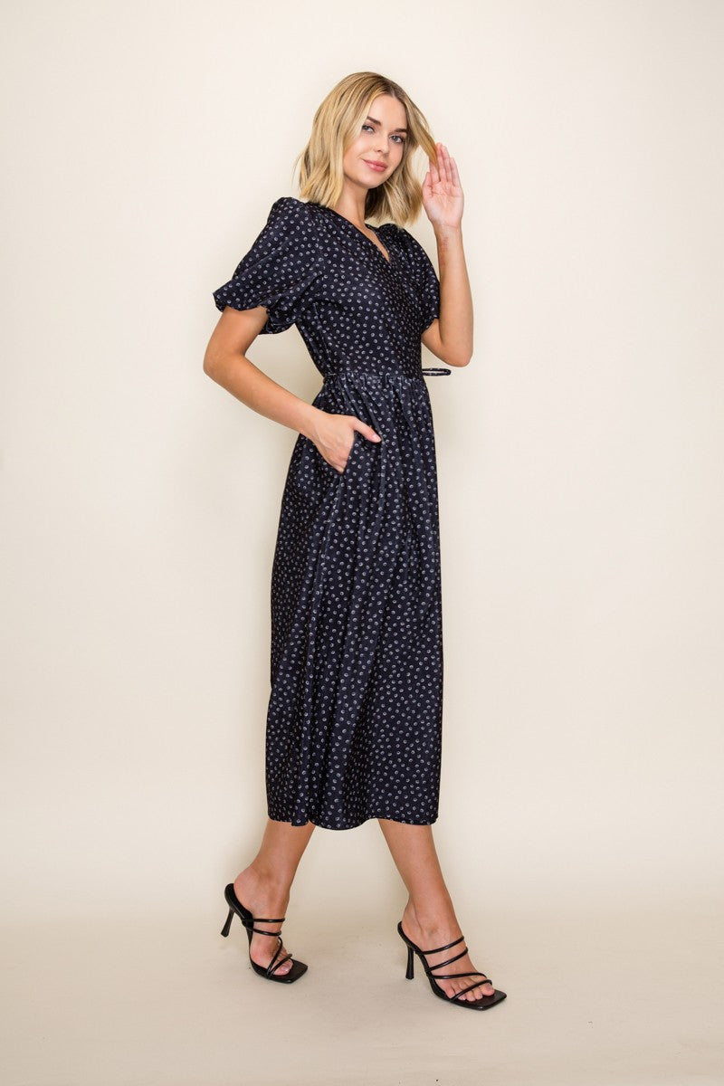 Corduroy Print Wrap A-line Midi Dress