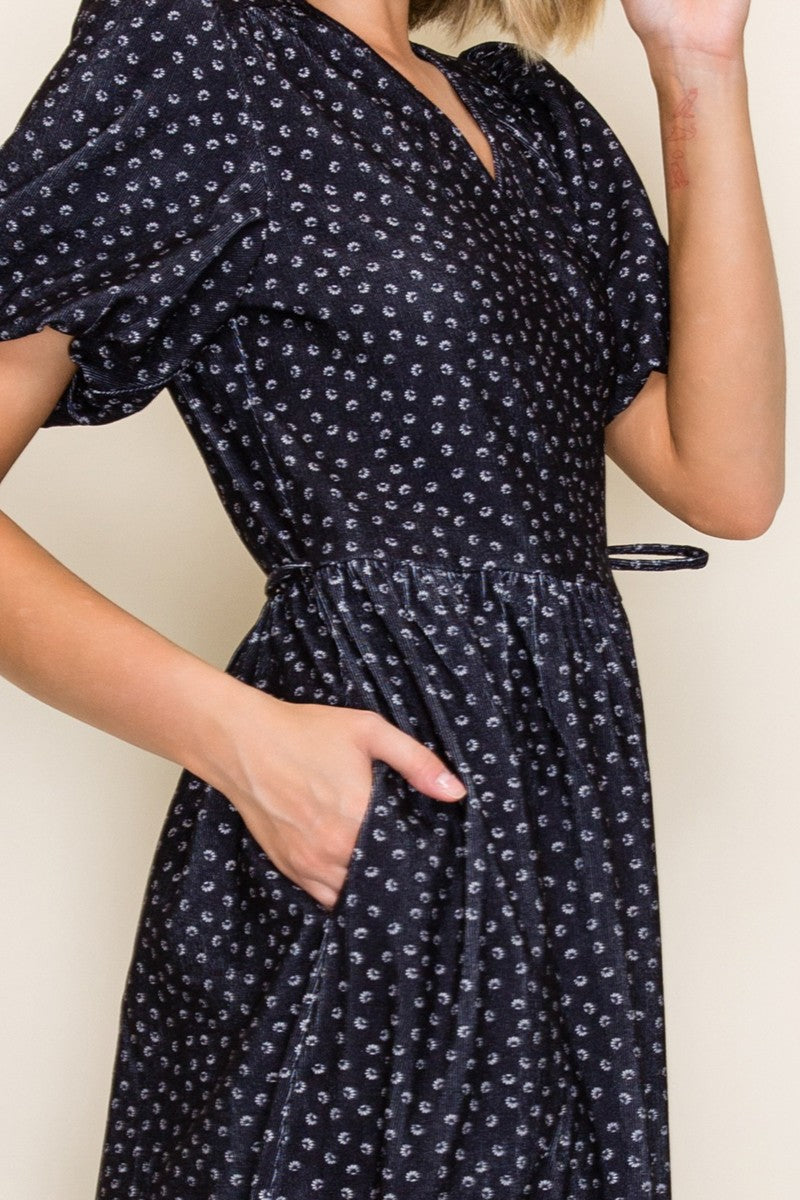 Corduroy Print Wrap A-line Midi Dress