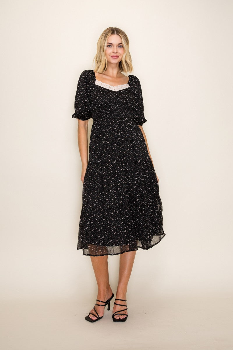 Lace Trim Milkmaid Midi Dress