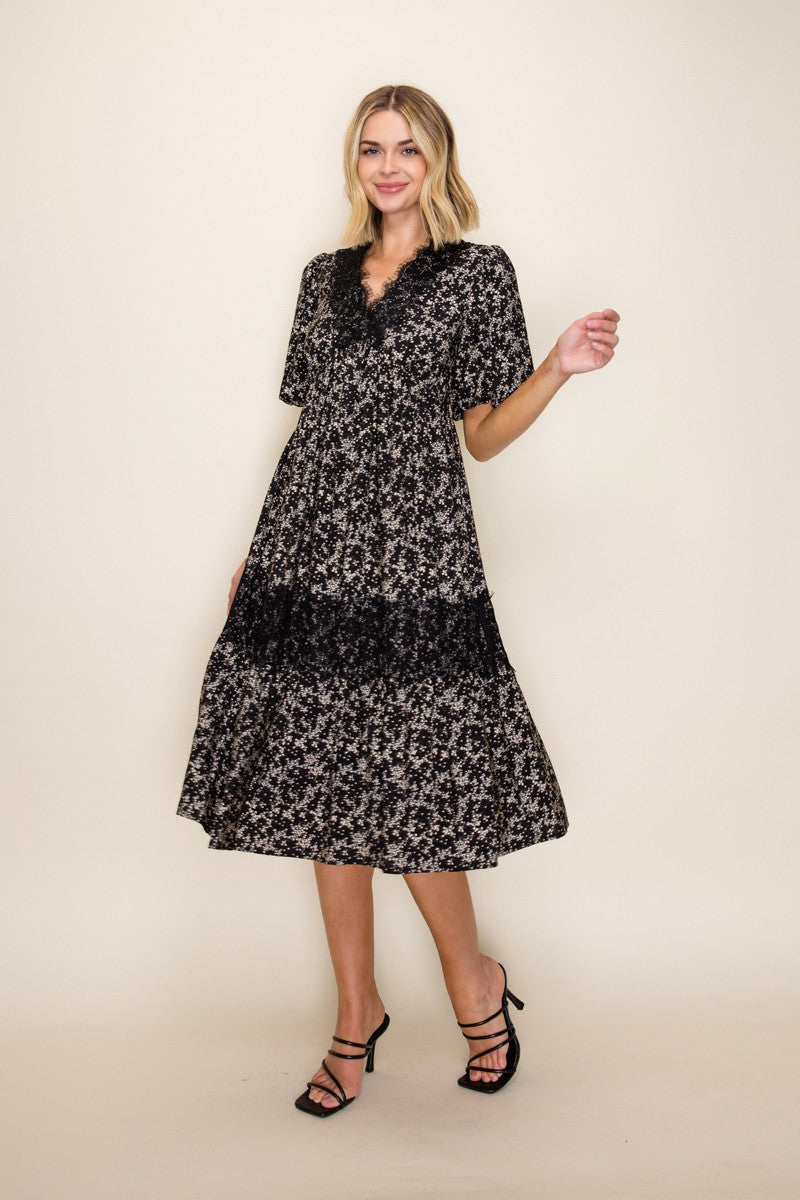 Elegant Floral Lace Midi Dress