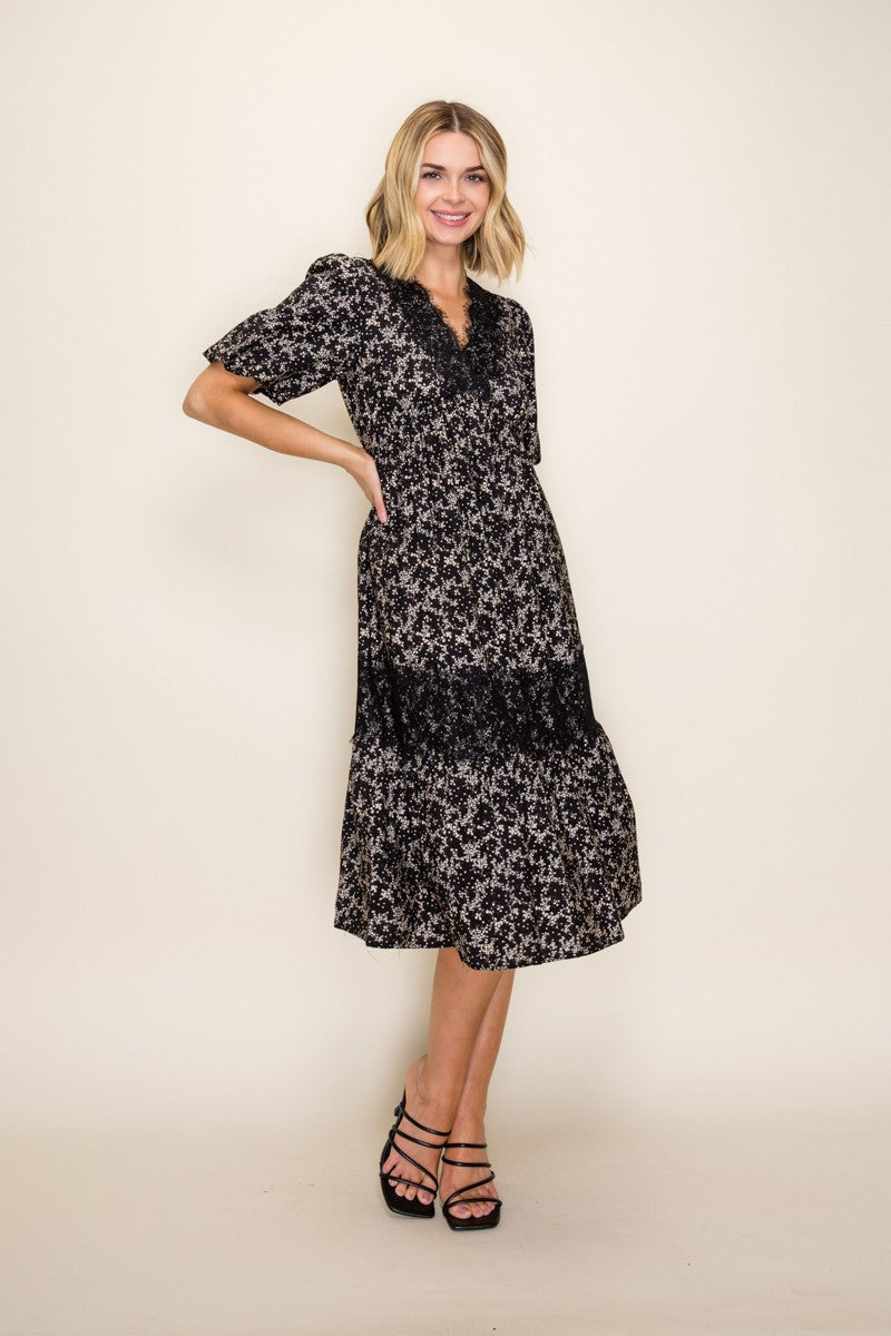 Elegant Floral Lace Midi Dress