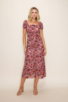 Ruched Floral Mesh Midi Dress