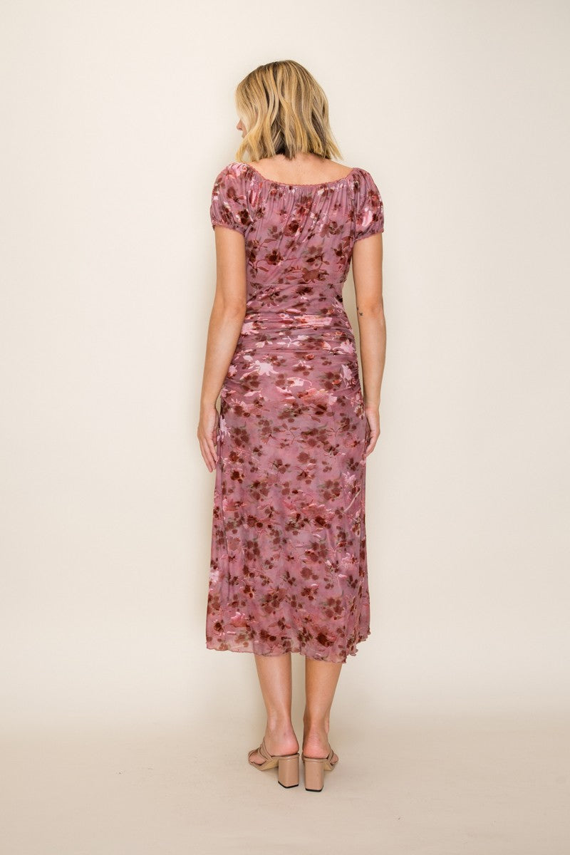 Ruched Floral Mesh Midi Dress