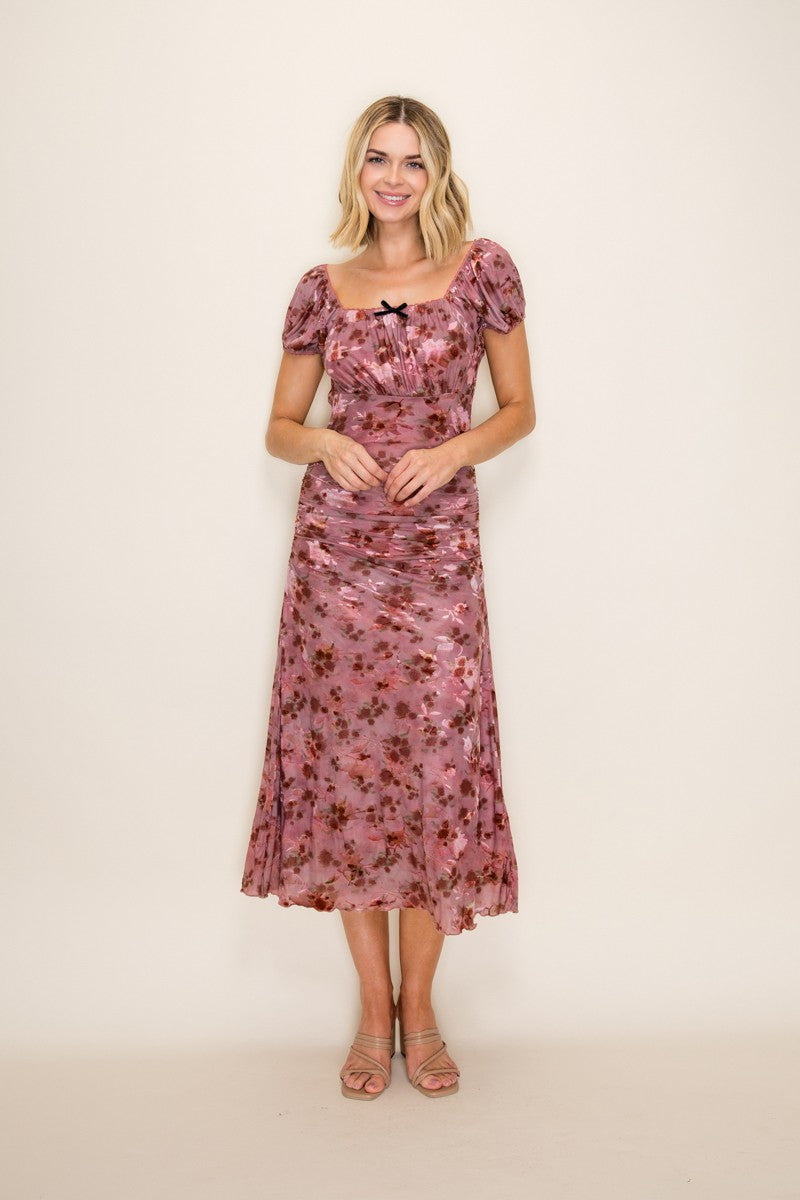 Ruched Floral Mesh Midi Dress