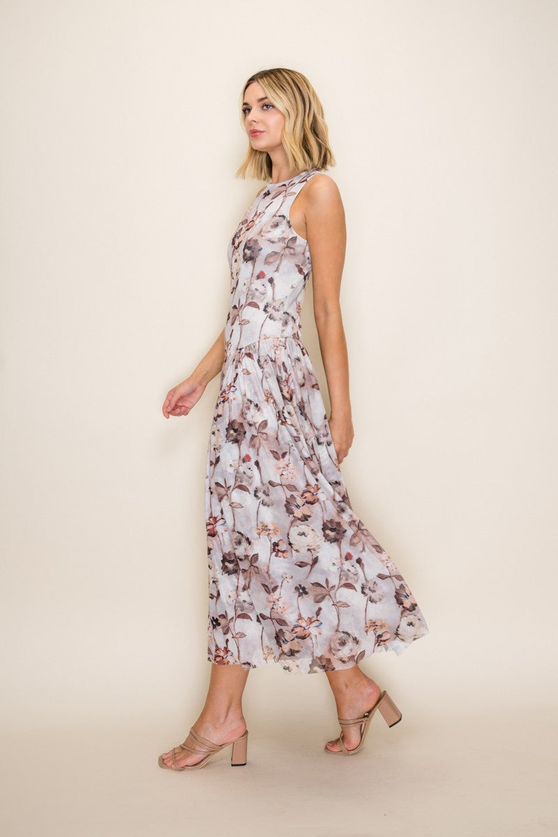 Floral Mesh Print Bodycon Midi Dress