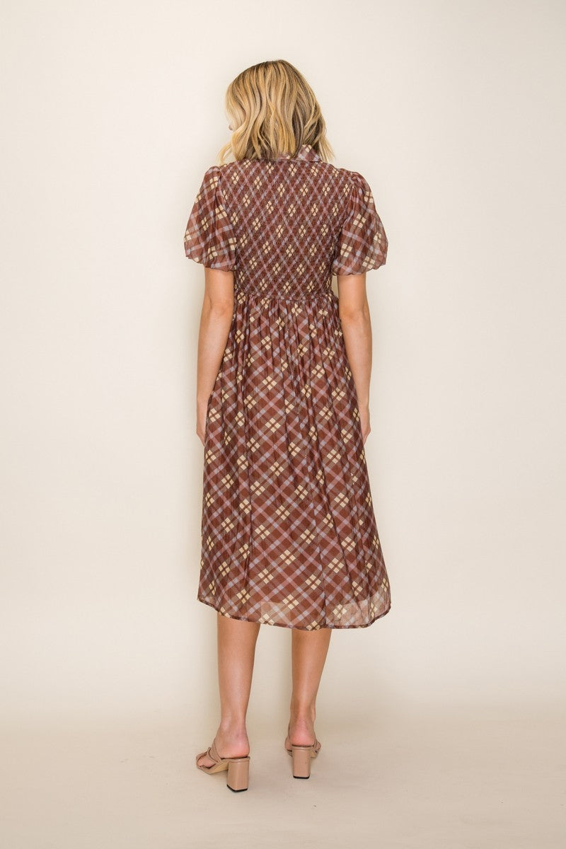 Plaid Print Smocked Bodice Dress