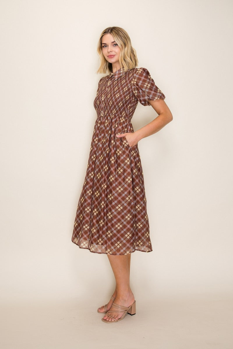 Plaid Print Smocked Bodice Dress