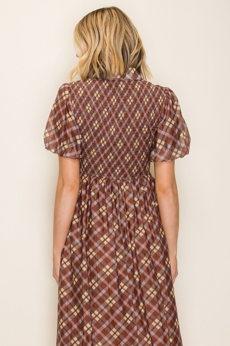 Plaid Print Smocked Bodice Dress