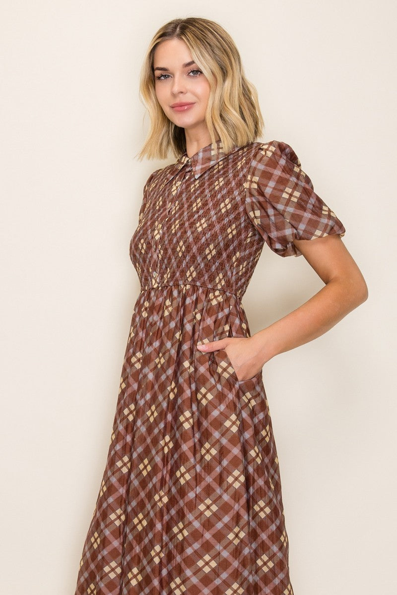 Plaid Print Smocked Bodice Dress