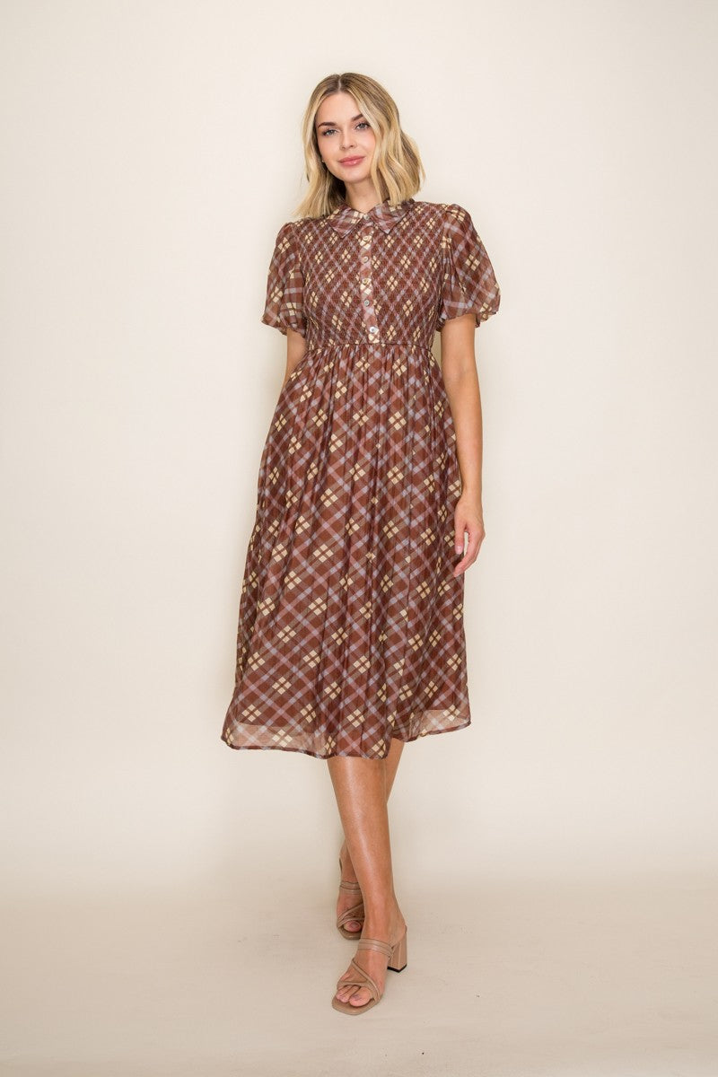 Plaid Print Smocked Bodice Dress
